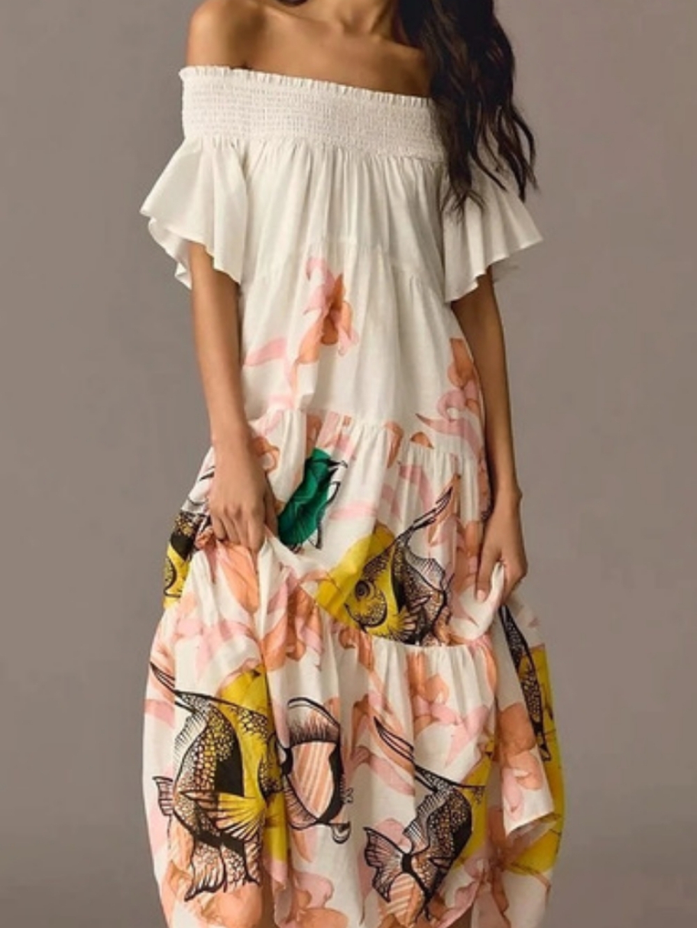 Maeve Off-Shoulder Maxi Dress Floral in White & Pink